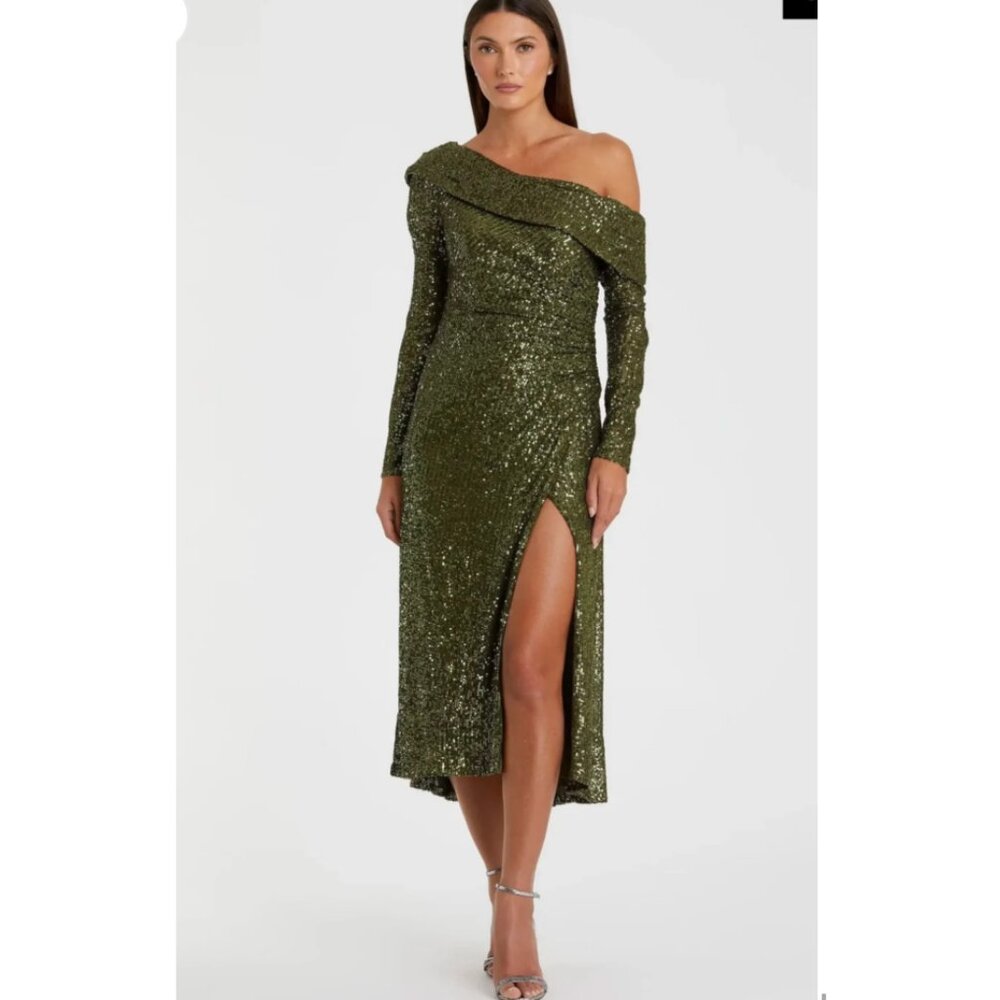 Mac Duggal Green One Shoulder Sequin Long Sleeve Midi Dress